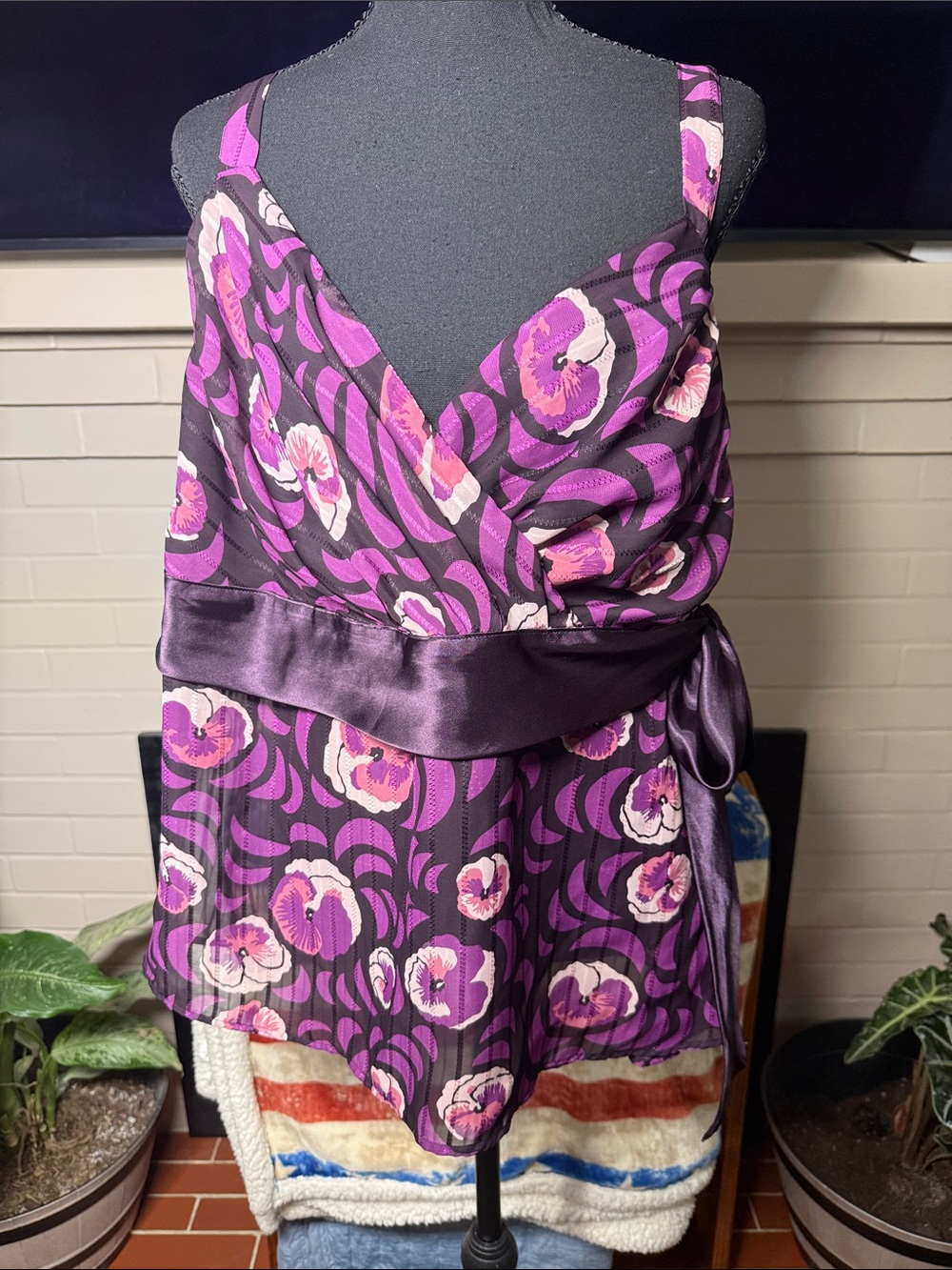 Lane Bryant Purple Floral Wrap Top with Satin Waist Tie